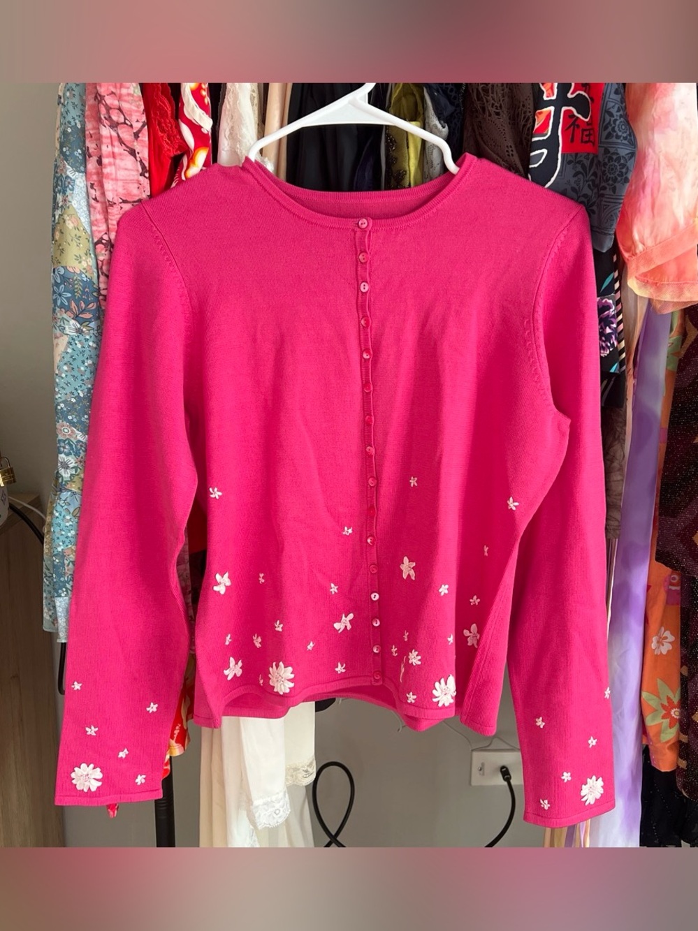Pink Floral Embroidered Cardigan Sweater Cottage Core Coquette Fits Small Girly